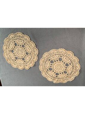 Vintage Hand-Crocheted Beige Doilies Set of 2 - 9.5" Diameter